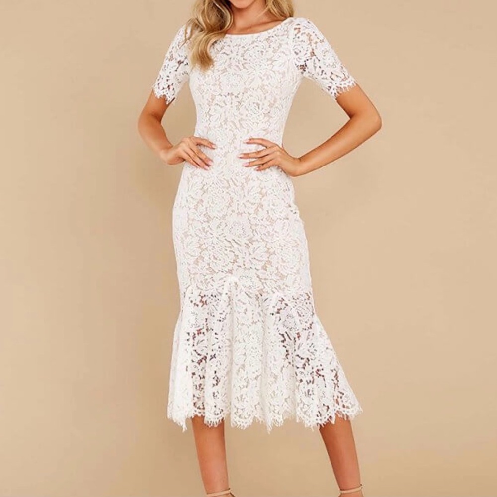 Vow’d Weddings Ivory Lace Midi Dress Nude Lined Back Zip Ruffle Hem M Bridal